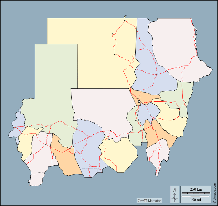 Sudan : d-maps.com: Kostenlose Karten, kostenlose stumme Karte, kostenlose unausgefüllt Landkarte, kostenlose hochauflösende Umrisskarte : Umrisse, wilayas, Wichtige Städte, Straßen, Farbe