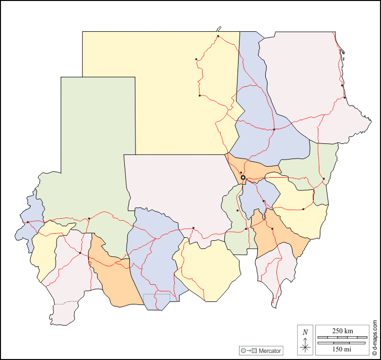 Sudan : d-maps.com: mappa gratuita, mappa muta gratuita, cartina muta gratuita : contorni, wilayas, principali città, strade, colore, bianco