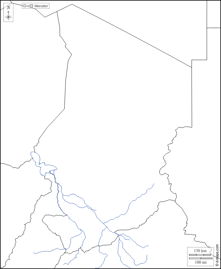 Ciad : d-maps.com: mappa gratuita, mappa muta gratuita, cartina muta gratuita : frontiere, idrografia, bianco