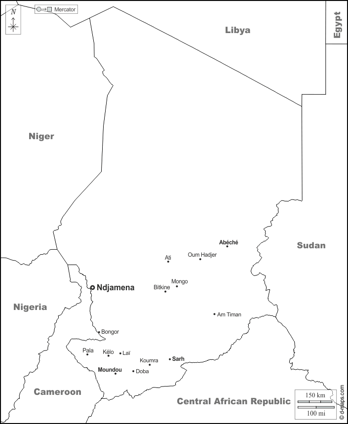 Ciad : d-maps.com: mappa gratuita, mappa muta gratuita, cartina muta gratuita : frontiere, principali città, nomi, bianco