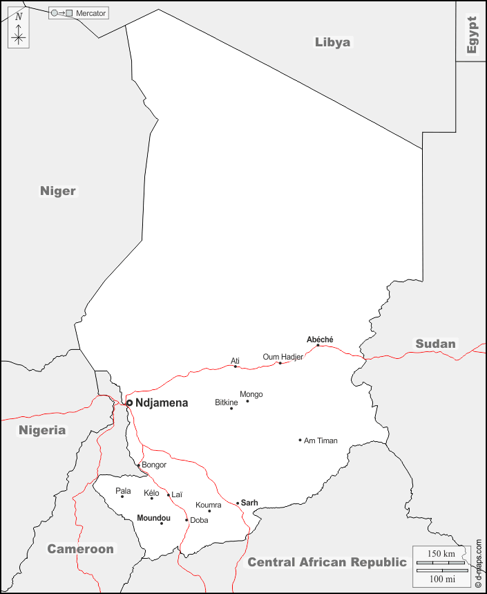 Ciad : d-maps.com: mappa gratuita, mappa muta gratuita, cartina muta gratuita : frontiere, principali città, strade, nomi