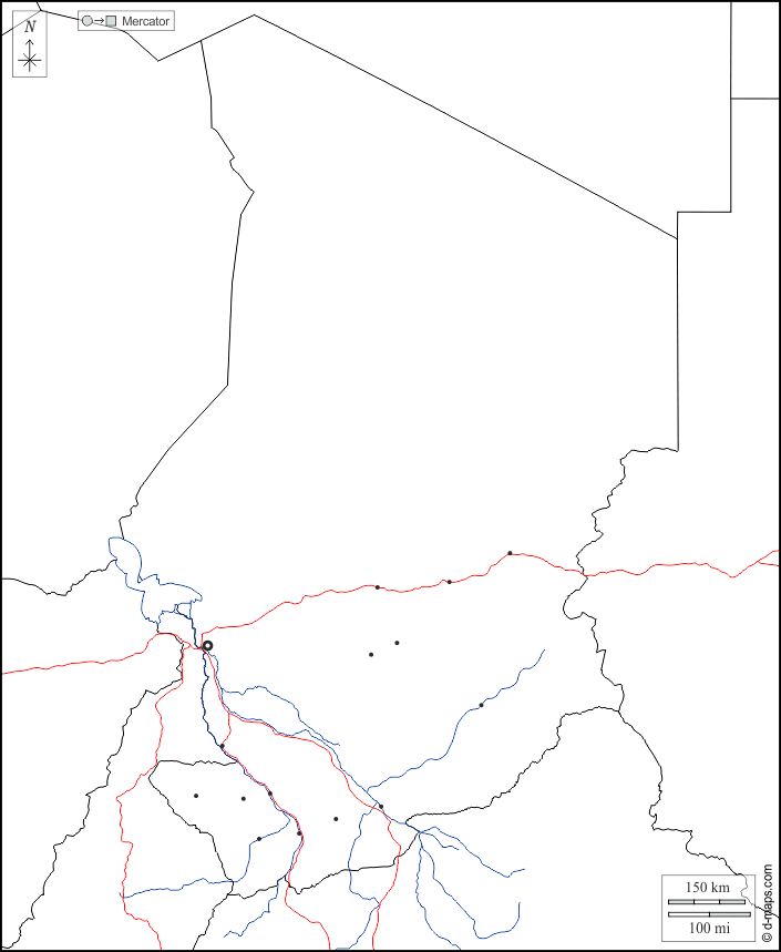 تشاد : خريطة مجانية, خريطة خاليه من الفراغ, خريطة الخطوط العريضة, خريطة القاعدة الحرة
 : حدود, هيدروغرافيا, المدن الرئيسية, الطرق, أبيض