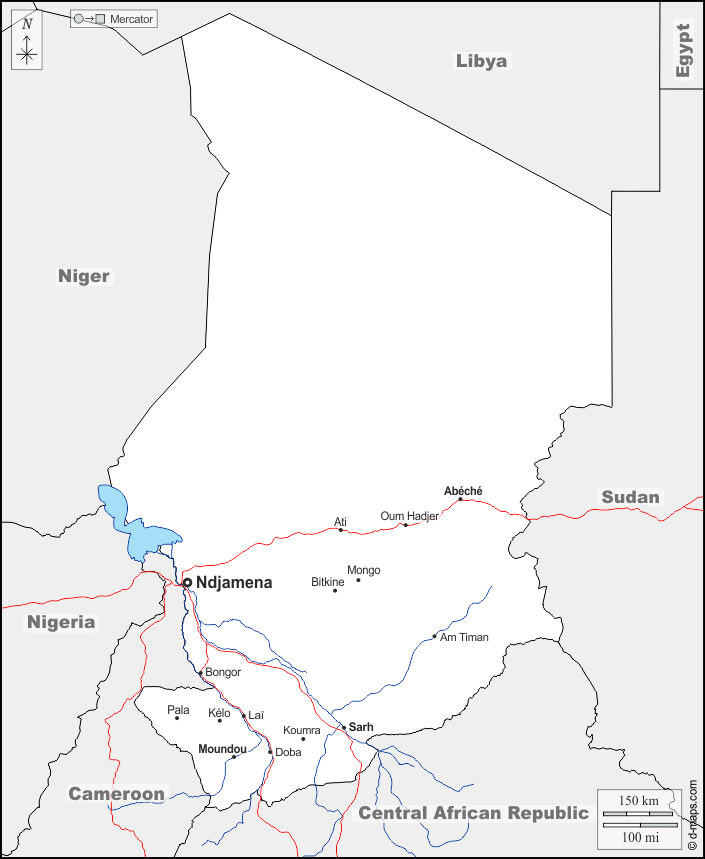Chad : d-maps.com: mapa gratuito, mapa mudo gratuito, mapa en blanco gratuito, plantilla de mapa : fronteras, hidrografía, principales ciudades, carreteras, nombres