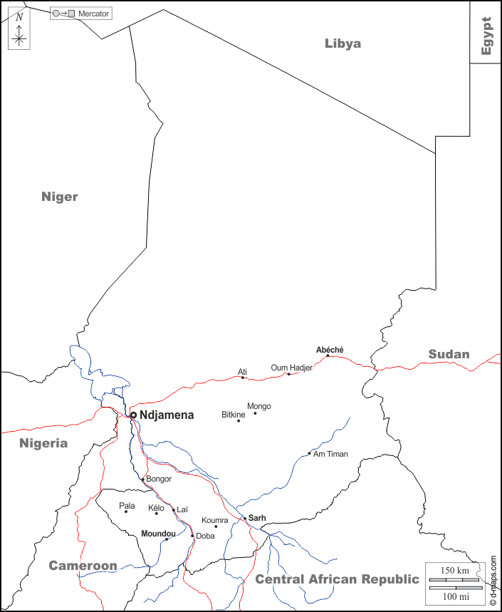 تشاد : خريطة مجانية, خريطة خاليه من الفراغ, خريطة الخطوط العريضة, خريطة القاعدة الحرة
 : حدود, هيدروغرافيا, المدن الرئيسية, الطرق, أسماء, أبيض