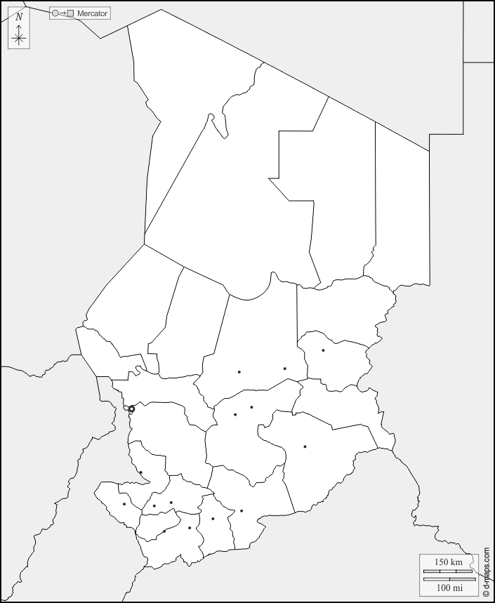 تشاد : خريطة مجانية, خريطة خاليه من الفراغ, خريطة الخطوط العريضة, خريطة القاعدة الحرة
 : حدود, مناطق, المدن الرئيسية