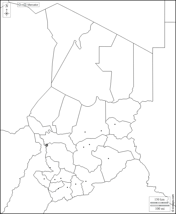 Tchad : d-maps.com: carte géographique gratuite, carte géographique muette gratuite, carte vierge gratuite, fond de carte gratuit, formats graphiques courants : frontières, régions, principales villes, blanc