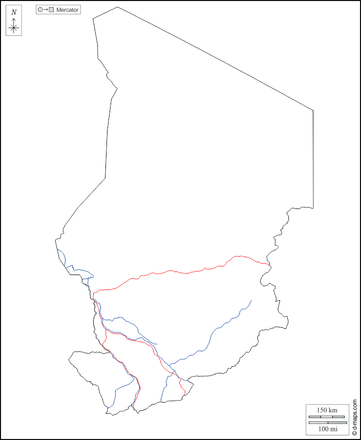 Tchad : d-maps.com: carte géographique gratuite, carte géographique muette gratuite, carte vierge gratuite, fond de carte gratuit, formats graphiques courants : contours, hydrographie, routes, blanc