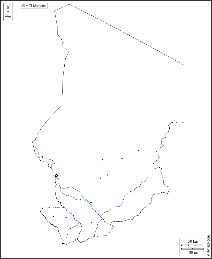 Tschad : d-maps.com: Kostenlose Karten, kostenlose stumme Karte, kostenlose unausgefüllt Landkarte, kostenlose hochauflösende Umrisskarte : Umrisse, Hydrografie, Wichtige Städte, weiß