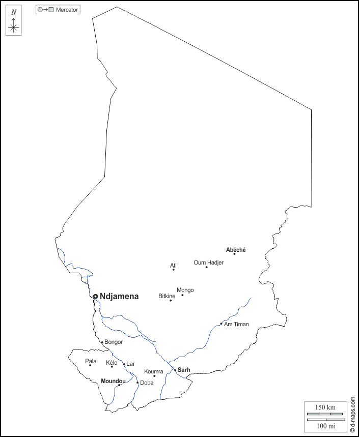 Ciad : d-maps.com: mappa gratuita, mappa muta gratuita, cartina muta gratuita : contorni, idrografia, principali città, nomi, bianco