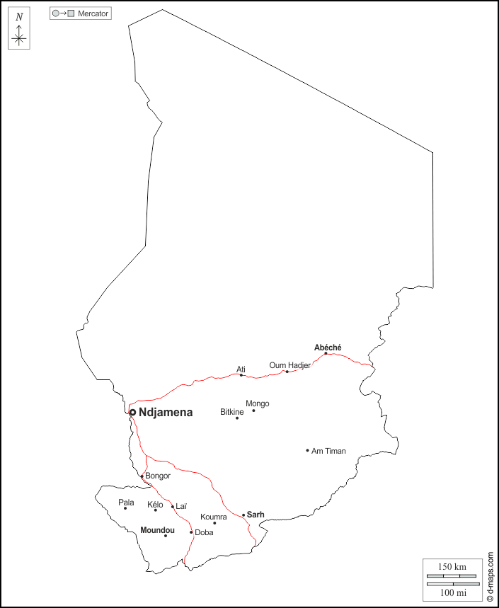 Ciad : d-maps.com: mappa gratuita, mappa muta gratuita, cartina muta gratuita : contorni, principali città, strade, nomi, bianco