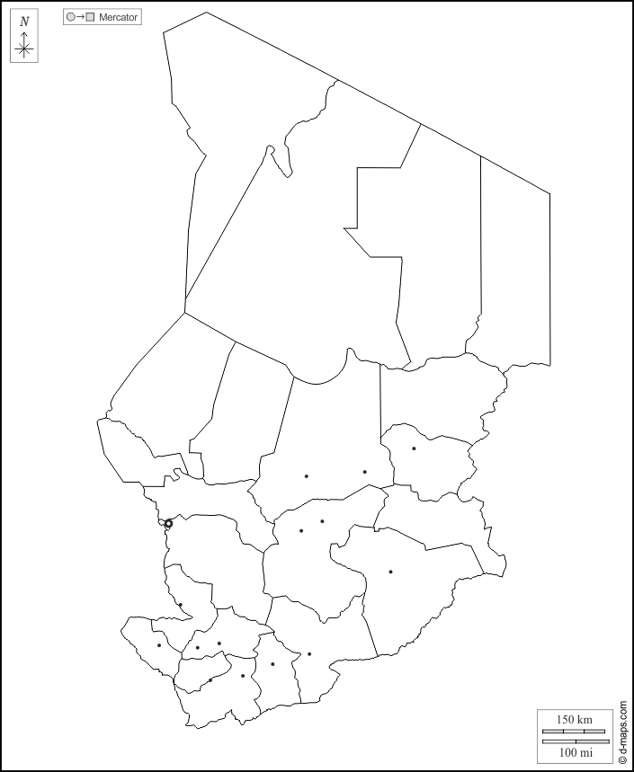 Ciad : d-maps.com: mappa gratuita, mappa muta gratuita, cartina muta gratuita : contorni, regioni, principali città, bianco