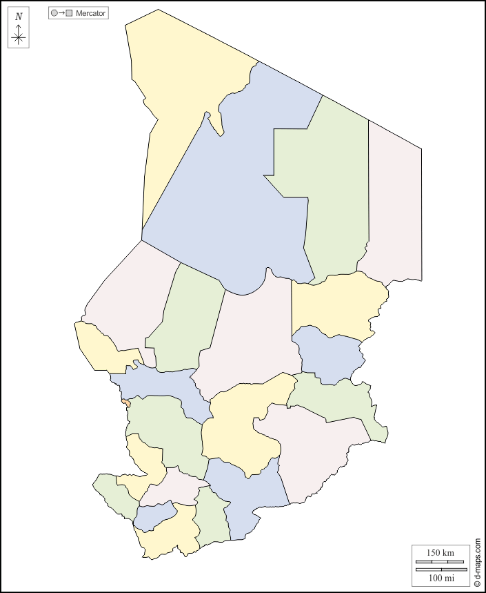 Ciad : d-maps.com: mappa gratuita, mappa muta gratuita, cartina muta gratuita : contorni, regioni, colore, bianco
