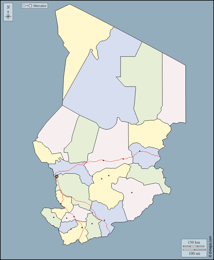 Tschad : d-maps.com: Kostenlose Karten, kostenlose stumme Karte, kostenlose unausgefüllt Landkarte, kostenlose hochauflösende Umrisskarte : Umrisse, Regionen, Wichtige Städte, Straßen, Farbe
