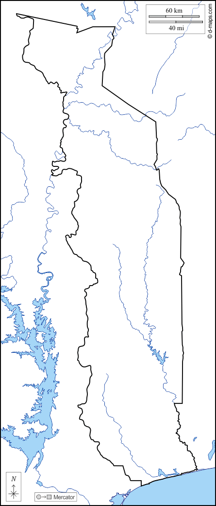 トーゴ : d-maps.com: 無料地図, 無料の空の地図, 無料のアウトラインマップ, 無料のベースマップ
 : 海岸, 境界, 川と湖