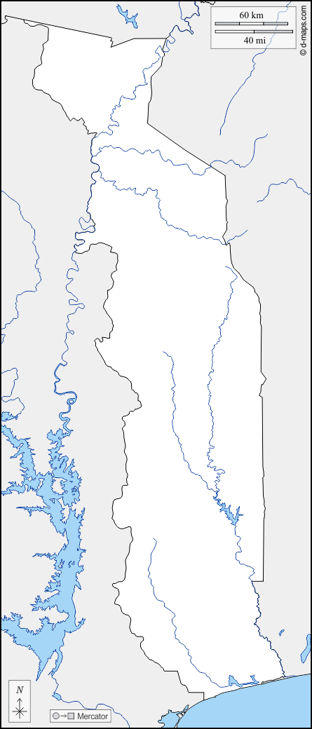 トーゴ : d-maps.com: 無料地図, 無料の空の地図, 無料のアウトラインマップ, 無料のベースマップ
 : 境界, 川と湖