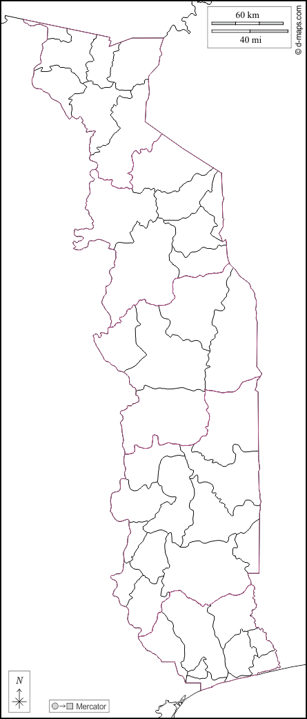 Togo : d-maps.com: mapa gratuito, mapa mudo gratuito, mapa en blanco gratuito, plantilla de mapa : fronteras, prefecturas, blanco