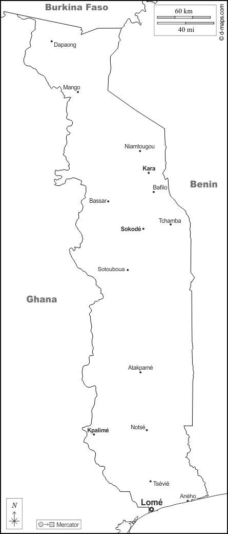 Togo : d-maps.com: free map, free blank map, free outline map, free base map : boundaries, main cities, names, white