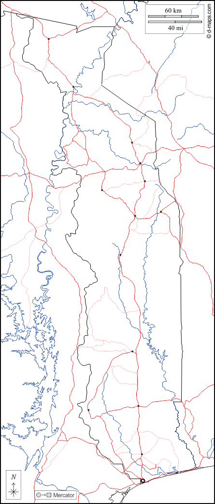 Togo : d-maps.com: Kostenlose Karten, kostenlose stumme Karte, kostenlose unausgefüllt Landkarte, kostenlose hochauflösende Umrisskarte : Grenzen, Hydrografie, Wichtige Städte, Straßen, weiß