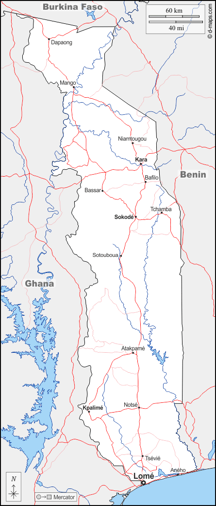 トーゴ : d-maps.com: 無料地図, 無料の空の地図, 無料のアウトラインマップ, 無料のベースマップ
 : 境界, 川と湖, 主要都市, 道路, 名前