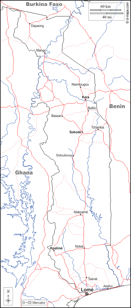 Togo : d-maps.com: mappa gratuita, mappa muta gratuita, cartina muta gratuita : frontiere, idrografia, principali città, strade, nomi, bianco