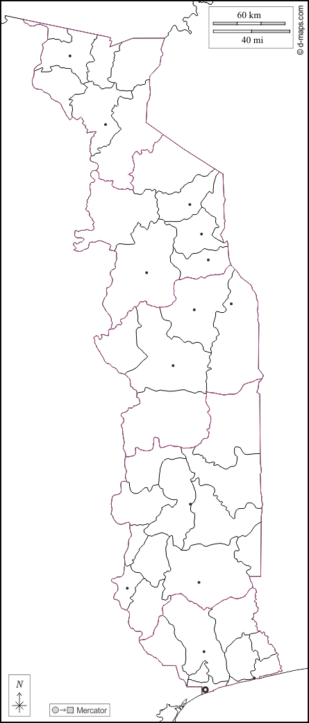 Togo : d-maps.com: Kostenlose Karten, kostenlose stumme Karte, kostenlose unausgefüllt Landkarte, kostenlose hochauflösende Umrisskarte : Grenzen, Präfekturen, Wichtige Städte, weiß