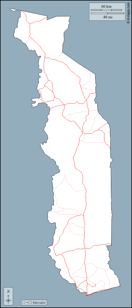 Togo : d-maps.com: Kostenlose Karten, kostenlose stumme Karte, kostenlose unausgefüllt Landkarte, kostenlose hochauflösende Umrisskarte : Umrisse, Straßen