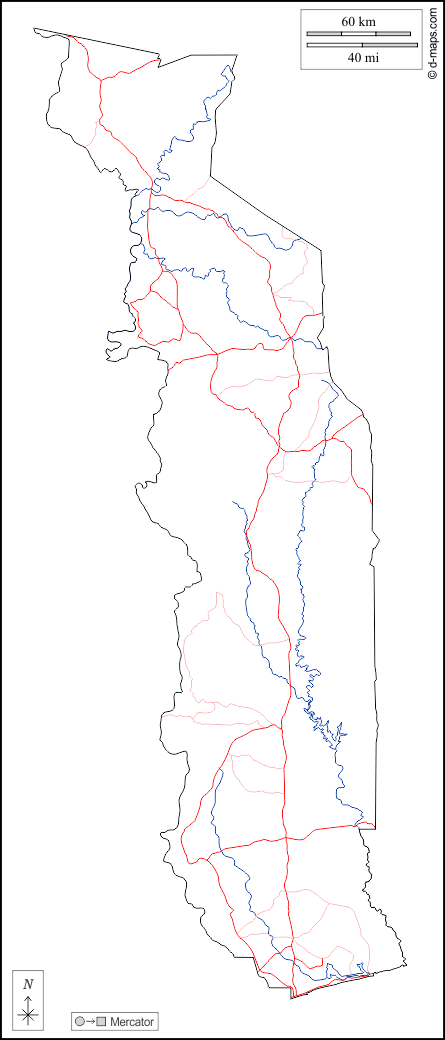 Togo : d-maps.com: mappa gratuita, mappa muta gratuita, cartina muta gratuita : contorni, idrografia, strade, bianco