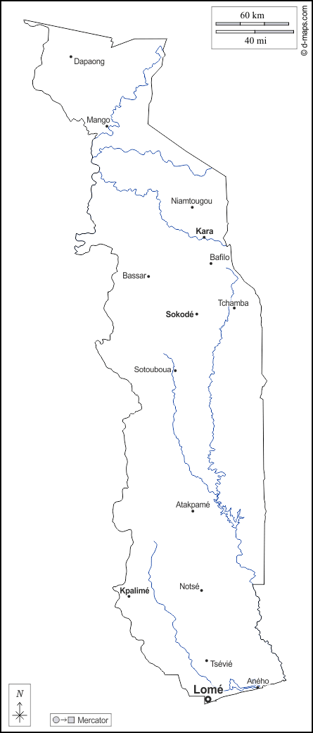 توغو : خريطة مجانية, خريطة خاليه من الفراغ, خريطة الخطوط العريضة, خريطة القاعدة الحرة
 : الخطوط العريضة, هيدروغرافيا, المدن الرئيسية, أسماء, أبيض