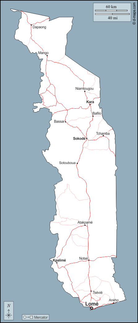 توغو : خريطة مجانية, خريطة خاليه من الفراغ, خريطة الخطوط العريضة, خريطة القاعدة الحرة
 : الخطوط العريضة, المدن الرئيسية, الطرق, أسماء