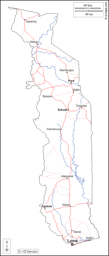 Togo : d-maps.com: mapa livre, mapa em branco livre, mapa livre do esboço, mapa básico livre
 : contornos, hidrografia, principais cidades, estradas, nomes, branco