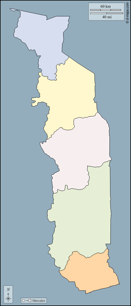 Togo : d-maps.com: mappa gratuita, mappa muta gratuita, cartina muta gratuita : contorni, regioni, colore