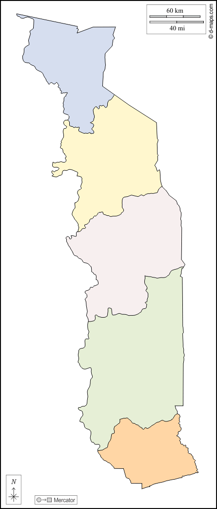 Togo : d-maps.com: Kostenlose Karten, kostenlose stumme Karte, kostenlose unausgefüllt Landkarte, kostenlose hochauflösende Umrisskarte : Umrisse, Regionen, Farbe, weiß