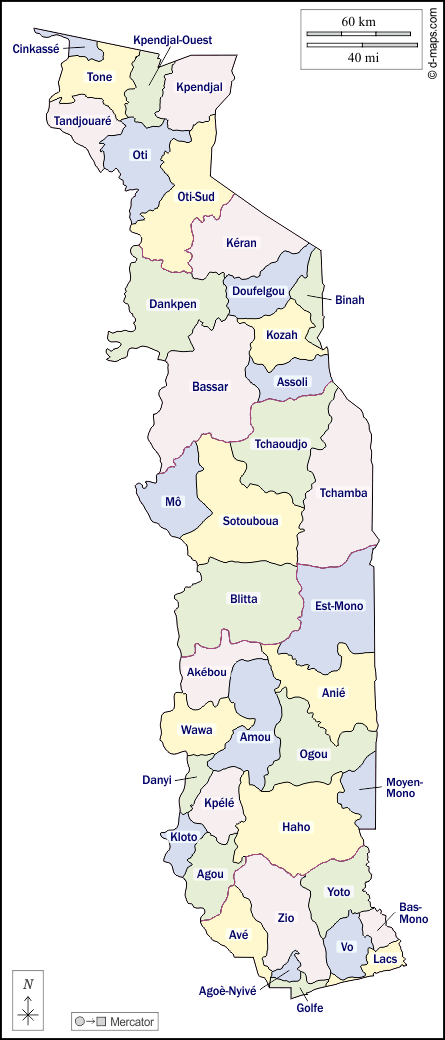 Togo : d-maps.com: mapa gratuito, mapa mudo gratuito, mapa en blanco gratuito, plantilla de mapa : contornos, prefecturas, nombres, color, blanco