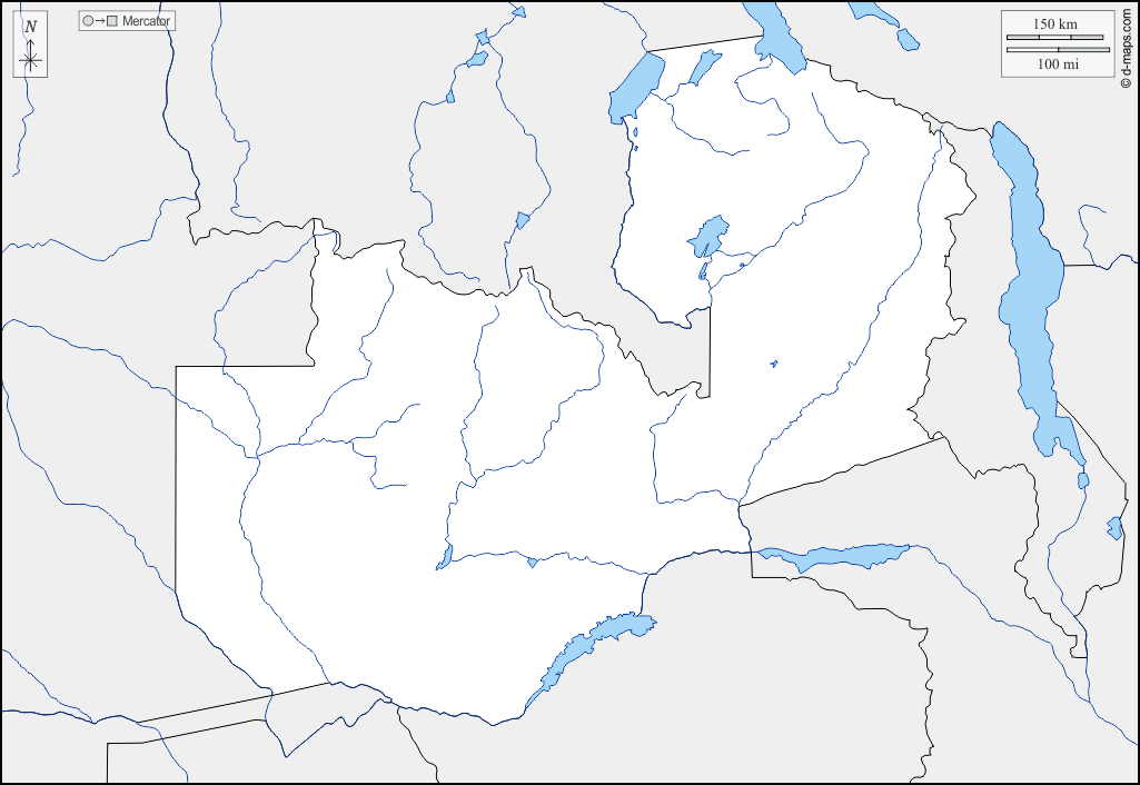 Zambia : d-maps.com: mappa gratuita, mappa muta gratuita, cartina muta gratuita : frontiere, idrografia