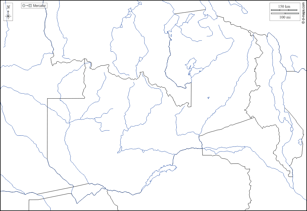 Zambia : d-maps.com: mappa gratuita, mappa muta gratuita, cartina muta gratuita : frontiere, idrografia, bianco