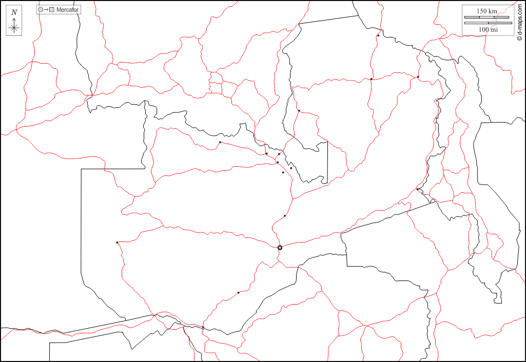 Zambia : d-maps.com: mappa gratuita, mappa muta gratuita, cartina muta gratuita : frontiere, principali città, strade, bianco