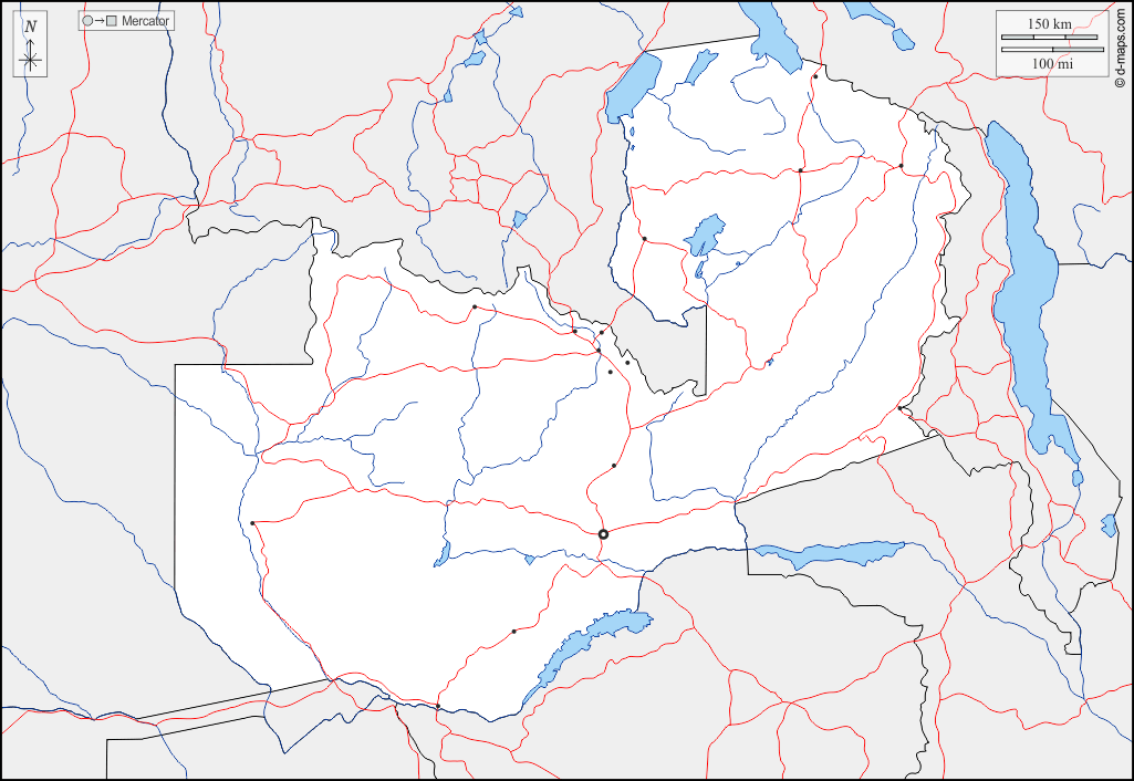Zambia : d-maps.com: mappa gratuita, mappa muta gratuita, cartina muta gratuita : frontiere, idrografia, principali città, strade