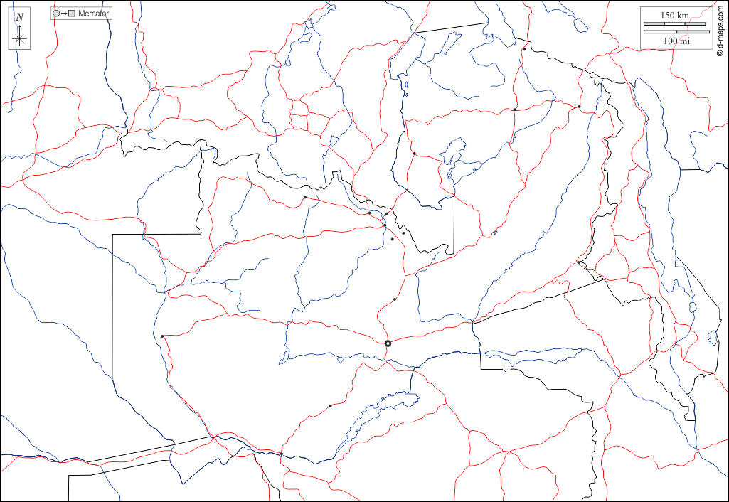 Zambia : d-maps.com: mappa gratuita, mappa muta gratuita, cartina muta gratuita : frontiere, idrografia, principali città, strade, bianco