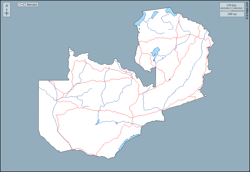 ザンビア : d-maps.com: 無料地図, 無料の空の地図, 無料のアウトラインマップ, 無料のベースマップ
 : 輪郭, 川と湖, 道路