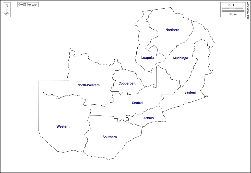 ザンビア : d-maps.com: 無料地図, 無料の空の地図, 無料のアウトラインマップ, 無料のベースマップ
 : 輪郭, 地方, 名前, 白い