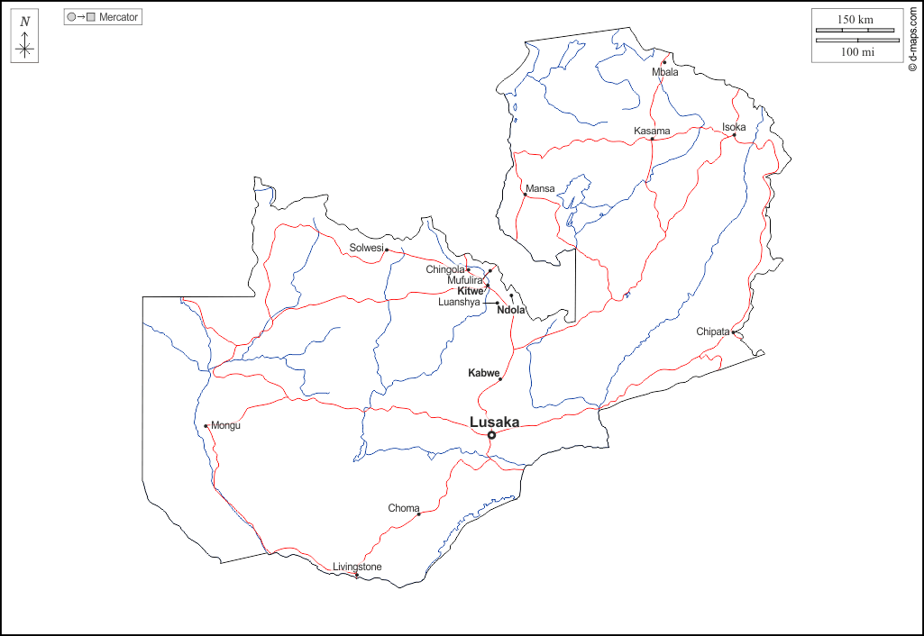 Zambia : d-maps.com: mappa gratuita, mappa muta gratuita, cartina muta gratuita : contorni, idrografia, principali città, strade, nomi, bianco