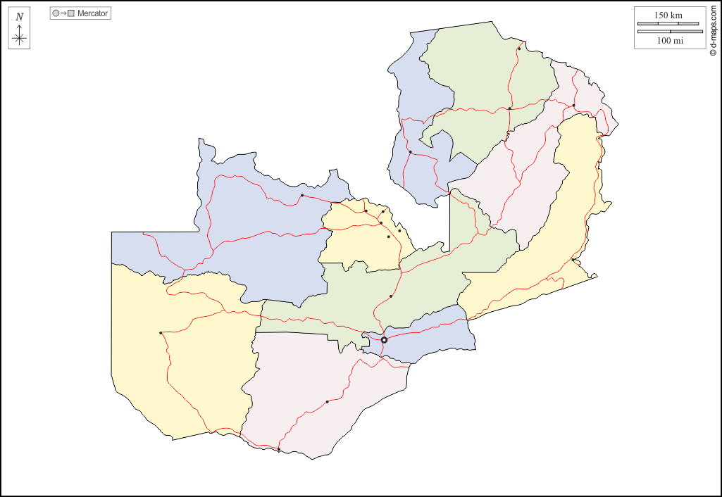 Zambia : d-maps.com: mappa gratuita, mappa muta gratuita, cartina muta gratuita : contorni, province, principali città, strade, colore, bianco