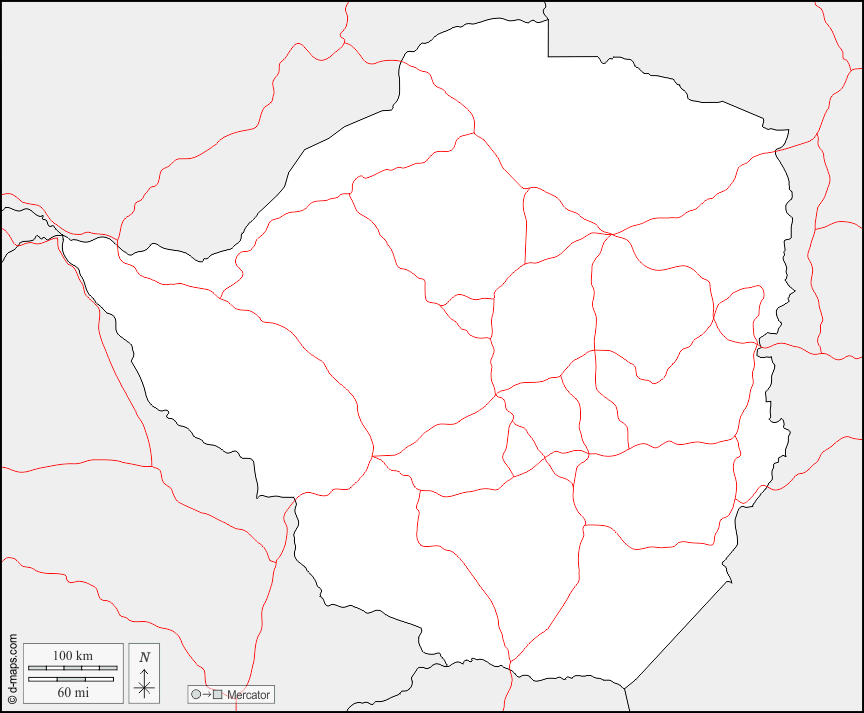 Zimbabwe : d-maps.com: mappa gratuita, mappa muta gratuita, cartina muta gratuita : frontiere, strade