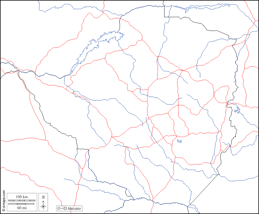 Zimbabwe : d-maps.com: mappa gratuita, mappa muta gratuita, cartina muta gratuita : frontiere, idrografia, strade, bianco