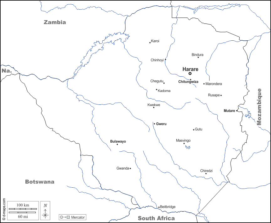 Zimbabwe : d-maps.com: mappa gratuita, mappa muta gratuita, cartina muta gratuita : frontiere, idrografia, principali città, nomi, bianco