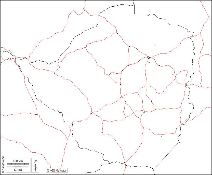 Zimbabwe : d-maps.com: mappa gratuita, mappa muta gratuita, cartina muta gratuita : frontiere, principali città, strade, bianco