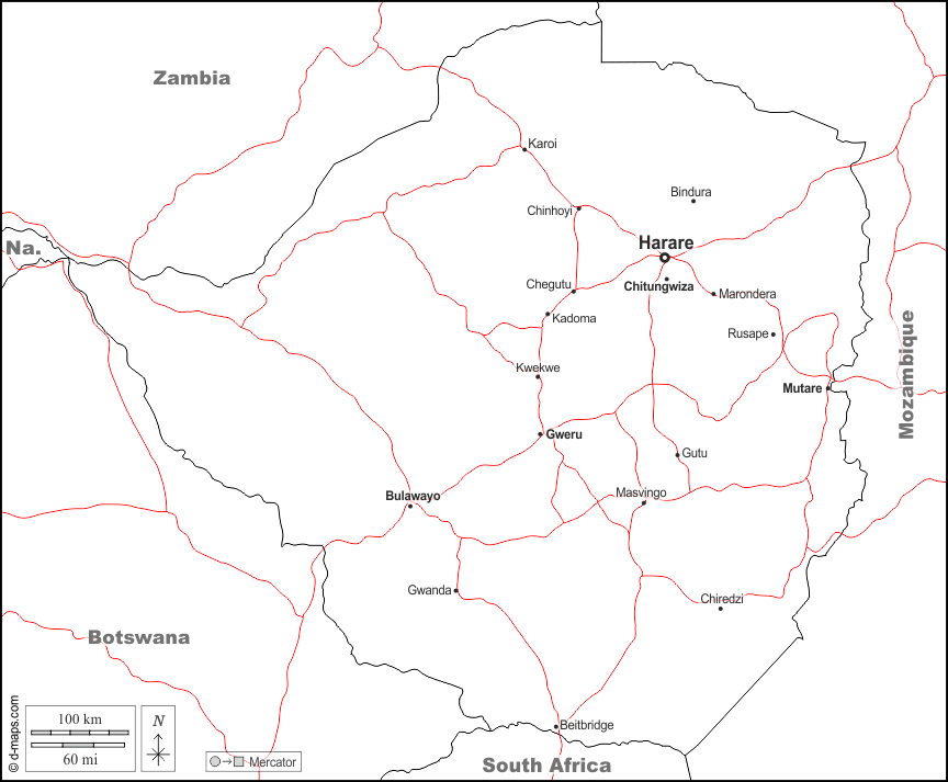 Zimbabwe : d-maps.com: mappa gratuita, mappa muta gratuita, cartina muta gratuita : frontiere, principali città, strade, nomi, bianco