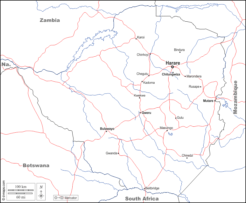 Zimbabwe : d-maps.com: mappa gratuita, mappa muta gratuita, cartina muta gratuita : frontiere, idrografia, principali città, strade, nomi, bianco