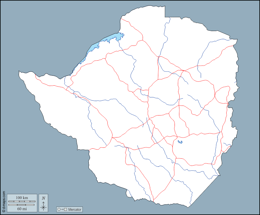 Zimbabwe : d-maps.com: mappa gratuita, mappa muta gratuita, cartina muta gratuita : contorni, idrografia, strade