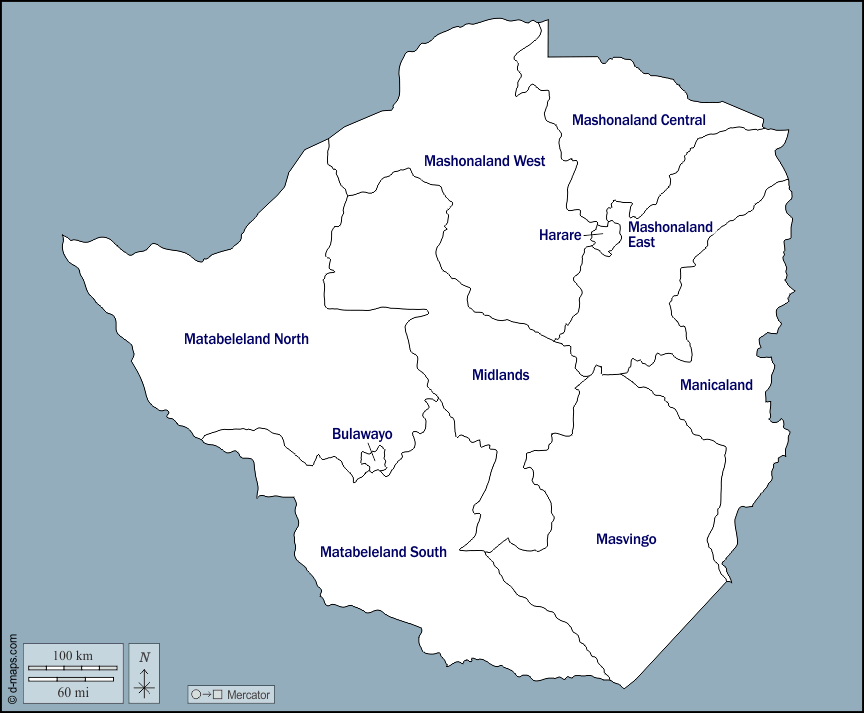 Zimbabwe : d-maps.com: mapa livre, mapa em branco livre, mapa livre do esboço, mapa básico livre
 : contornos, províncias, nomes